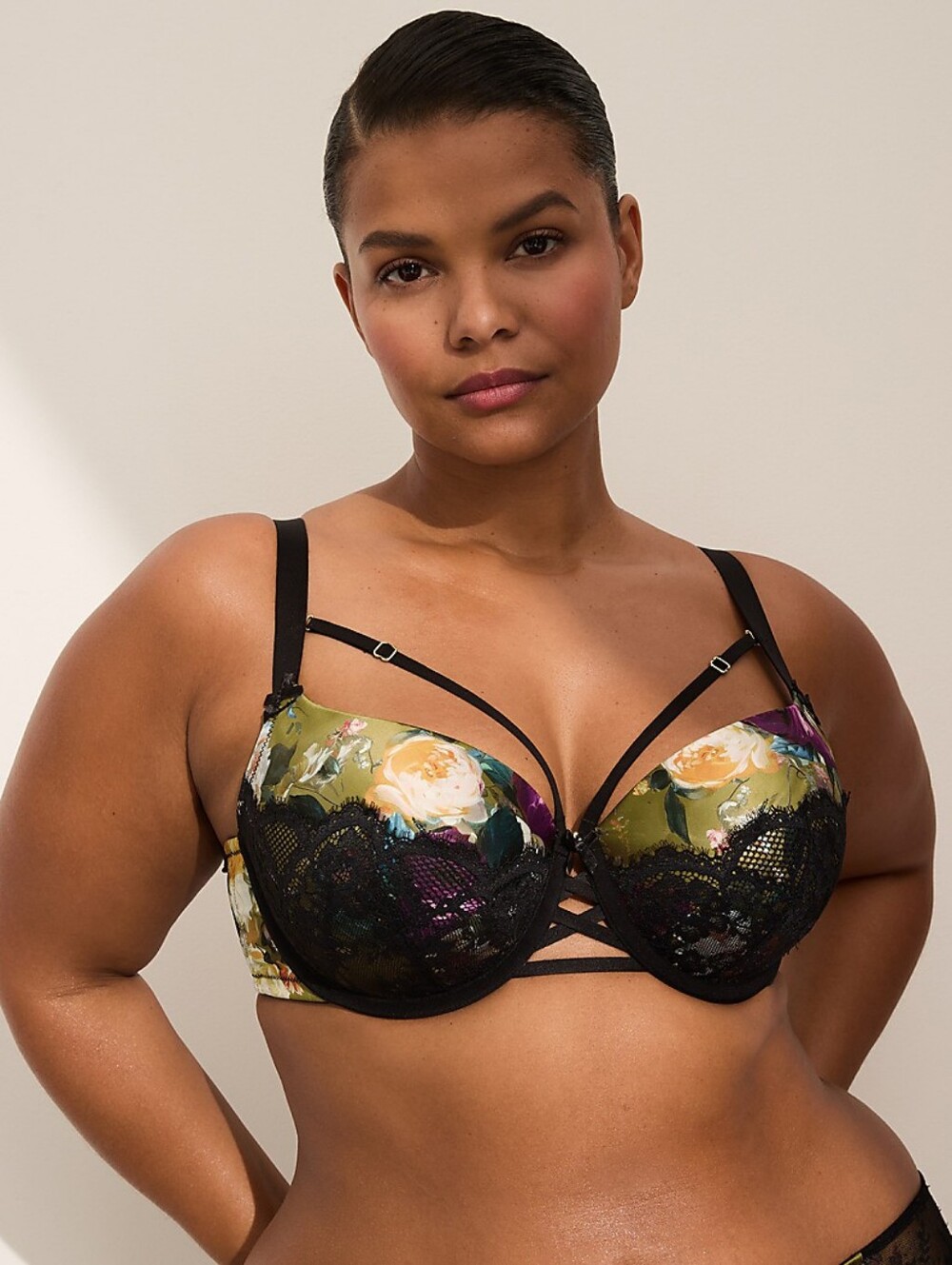 Cacique Black Lace Floral Stretch Satin Boost Balconette Bra Sz 42C New $69
